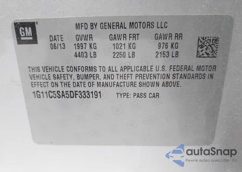 2013 Chevrolet Malibu 1Lt from USA, damaged, VIN 1G11C5SA5DF333191